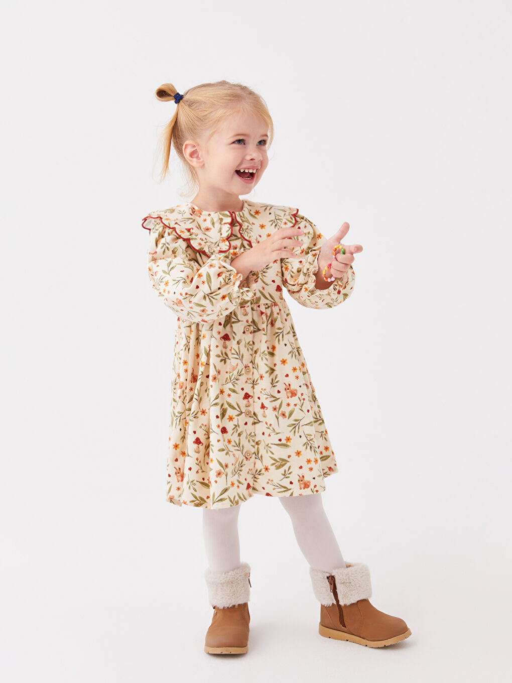 Ekru Bisiklet Yaka Çiçekli Kız Bebek Elbise-1