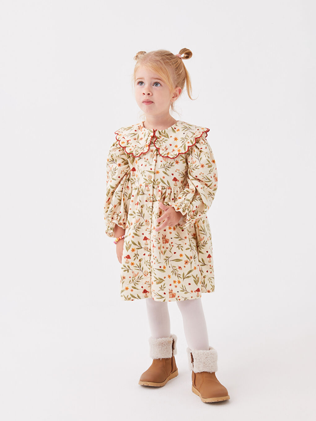 Ekru Bisiklet Yaka Çiçekli Kız Bebek Elbise-4