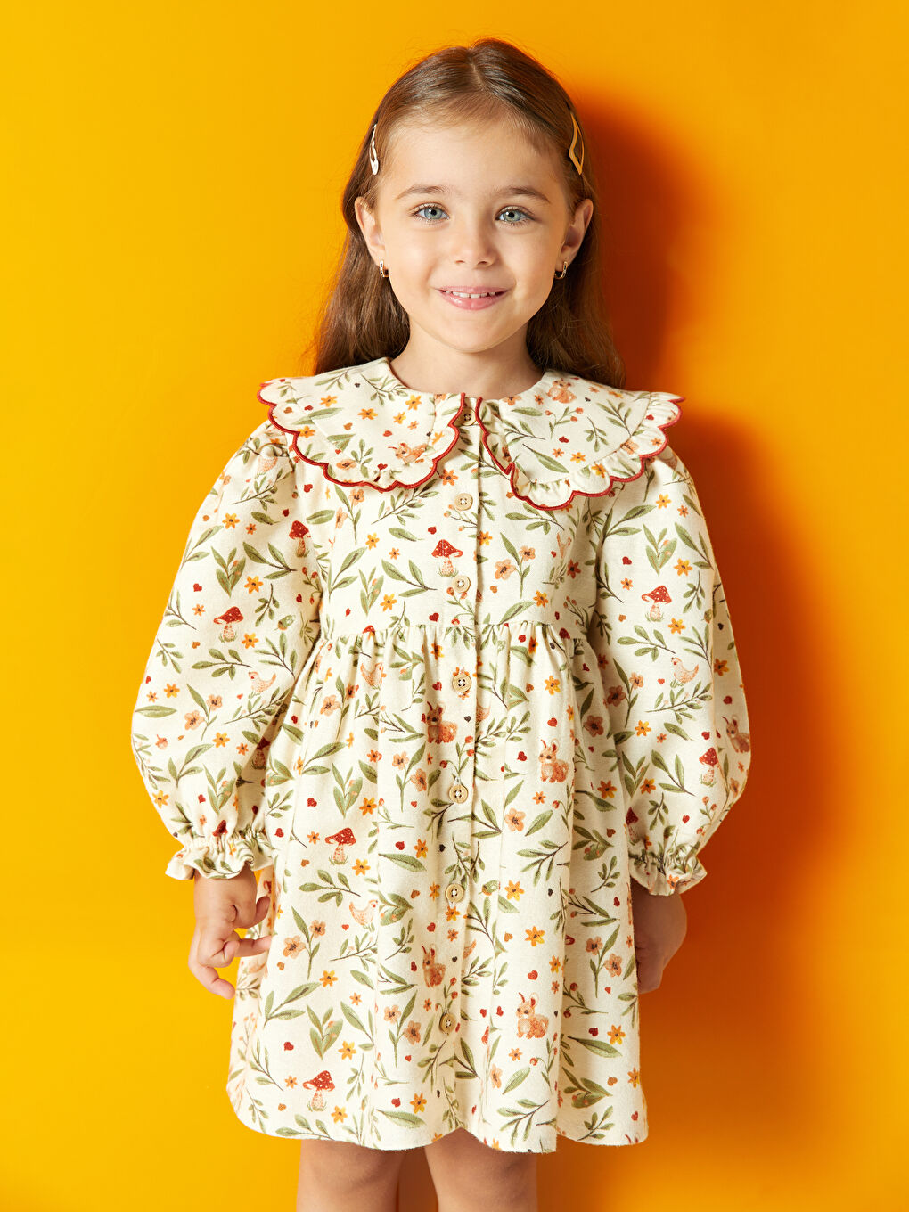 Ekru Bisiklet Yaka Çiçekli Kız Bebek Elbise