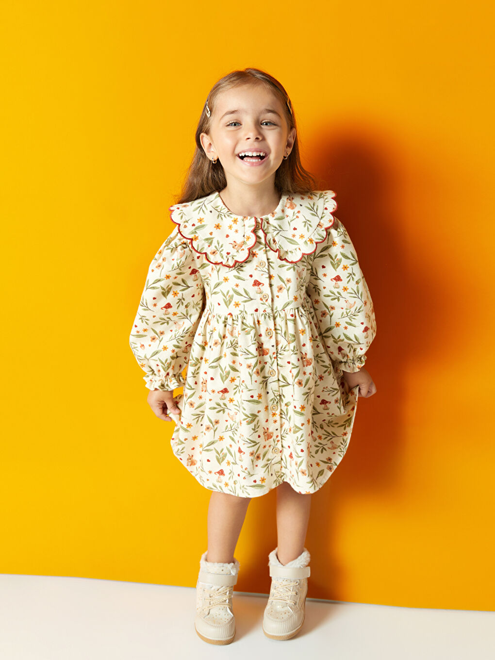 Ekru Bisiklet Yaka Çiçekli Kız Bebek Elbise-2