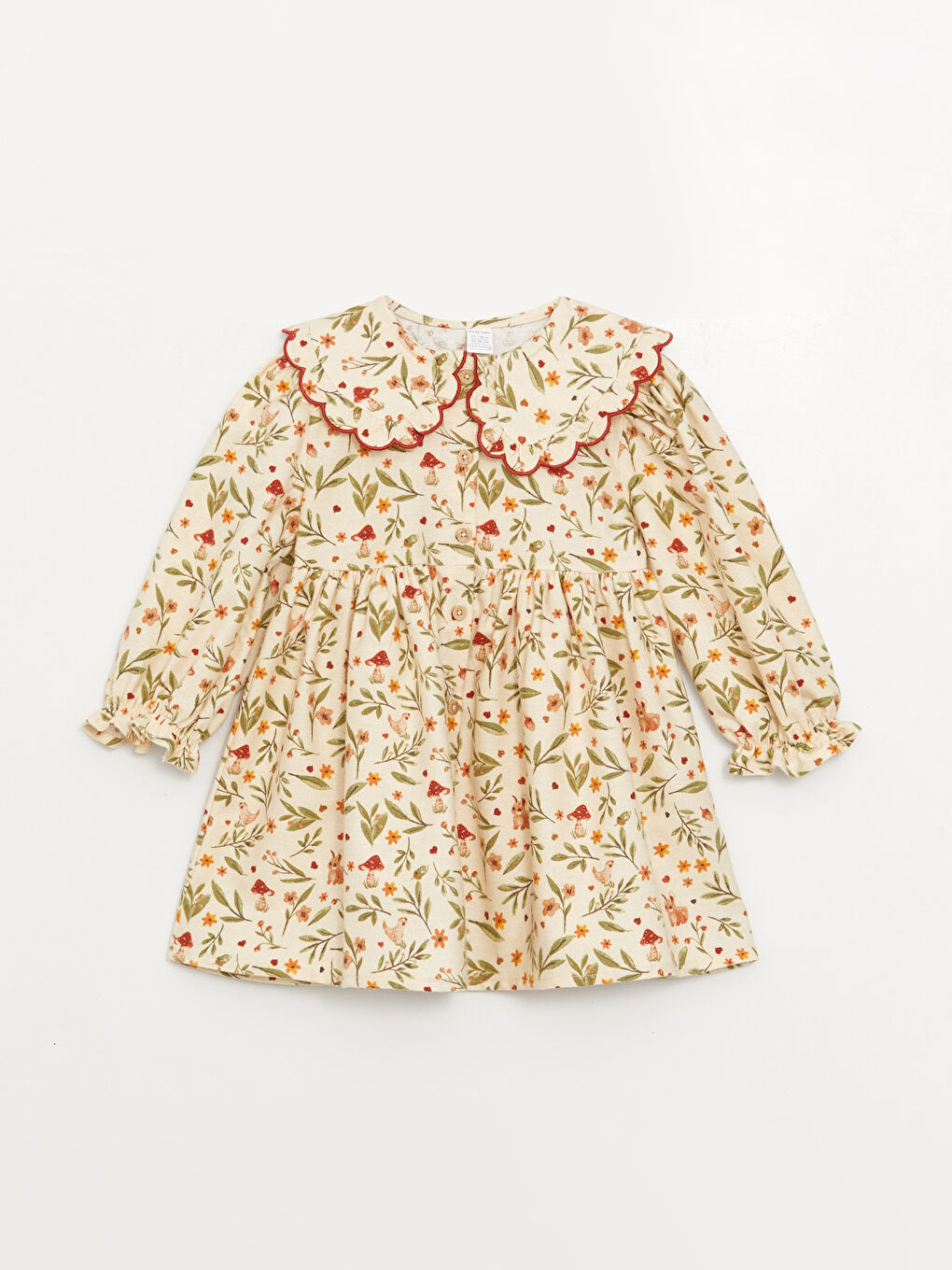 Ekru Bisiklet Yaka Çiçekli Kız Bebek Elbise-5