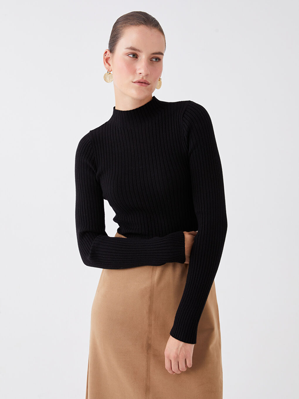 Siyah Yarım Balıkçı Yaka Kendinden Desenli Uzun Kollu Kadın Triko Kazak