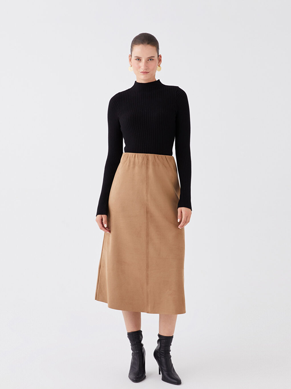 Siyah Yarım Balıkçı Yaka Kendinden Desenli Uzun Kollu Kadın Triko Kazak-1