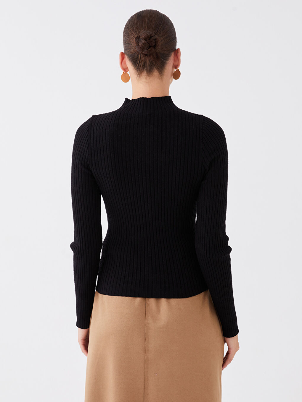 Siyah Yarım Balıkçı Yaka Kendinden Desenli Uzun Kollu Kadın Triko Kazak-4