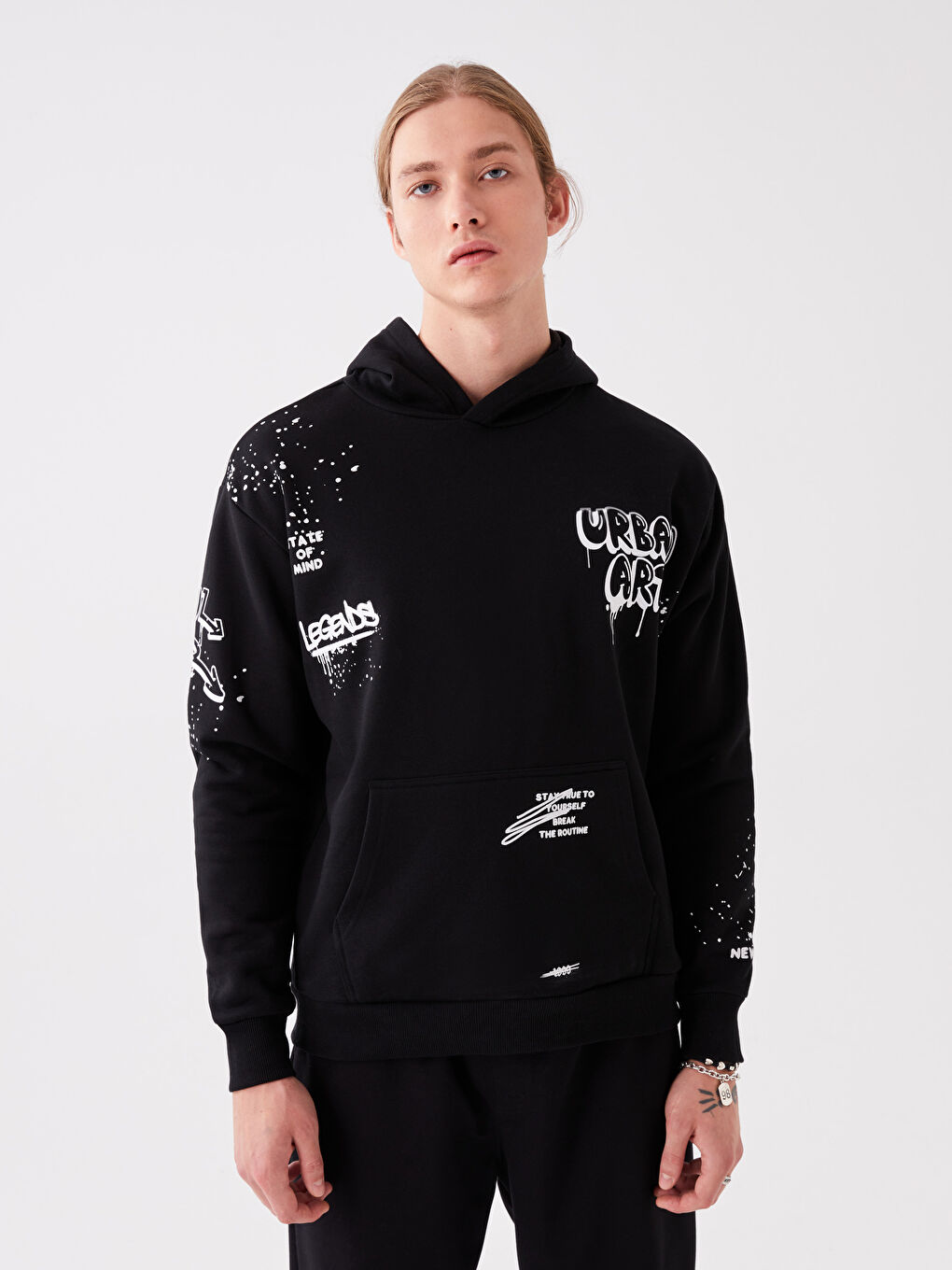 XSIDE Yeni Siyah Oversize Uzun Kollu Baskılı Erkek Hoodie