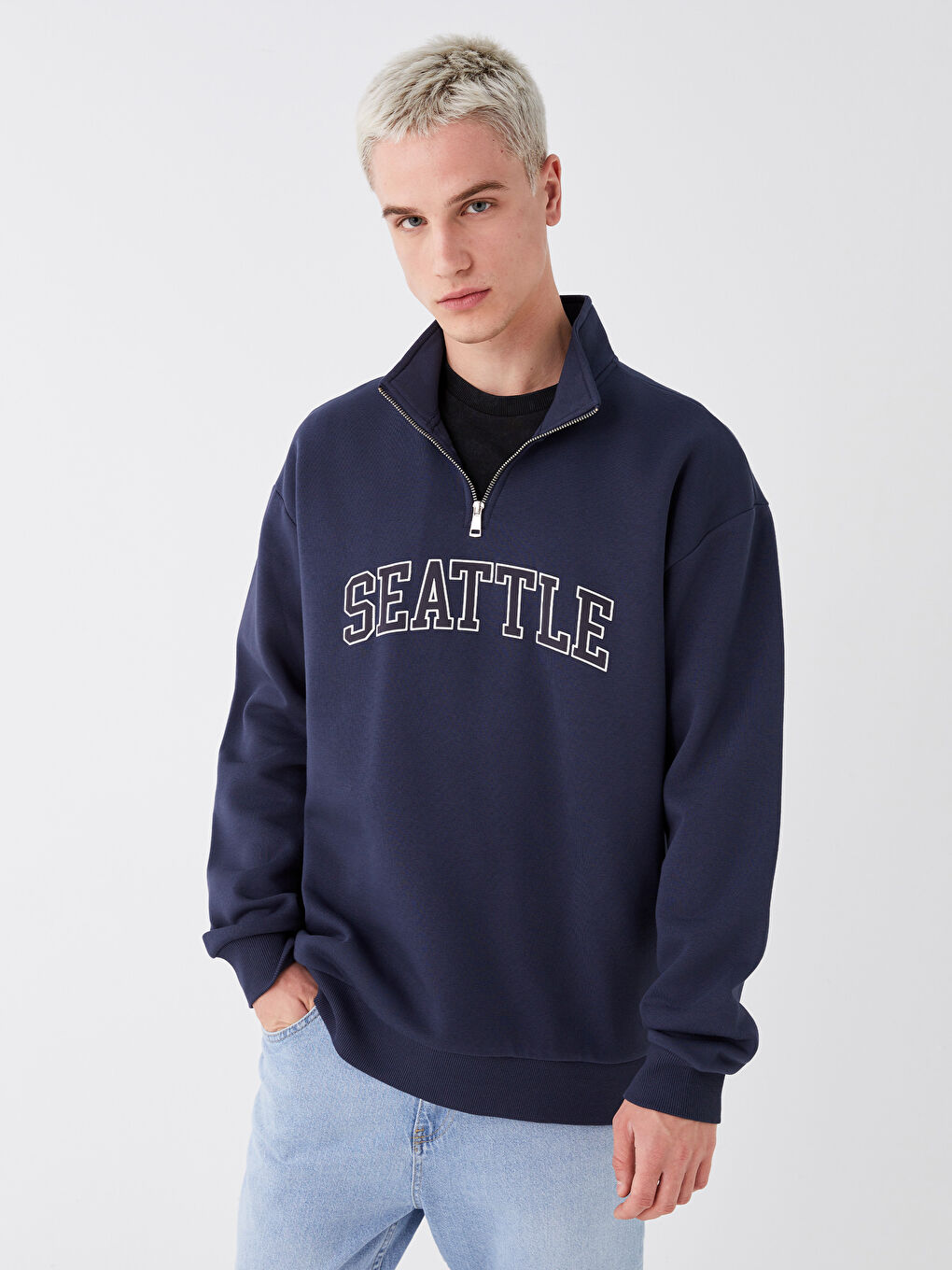 Lacivert Dik Yaka Uzun Kollu Baskılı Erkek Kalın Sweatshirt-2