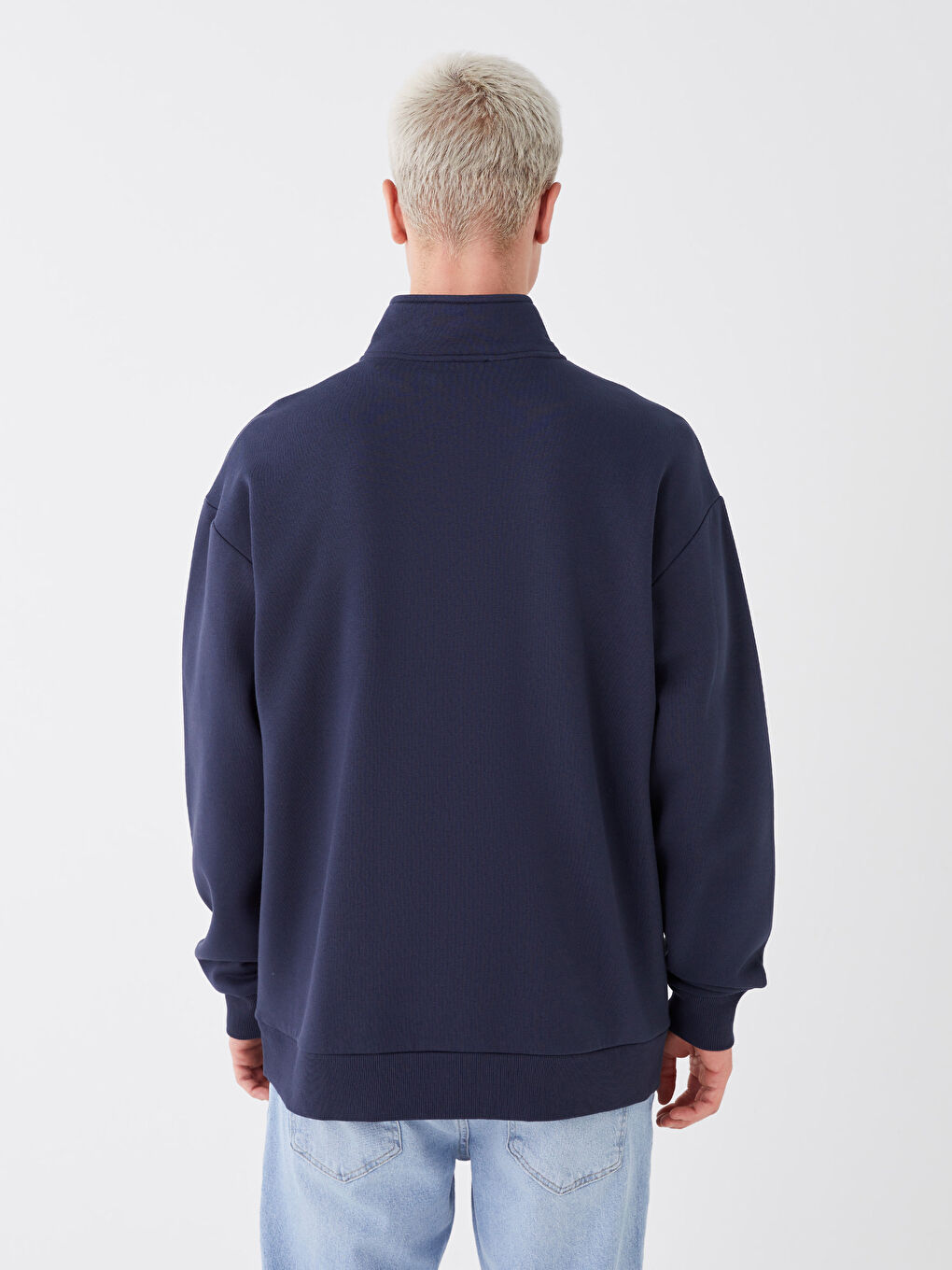 Lacivert Dik Yaka Uzun Kollu Baskılı Erkek Kalın Sweatshirt-5