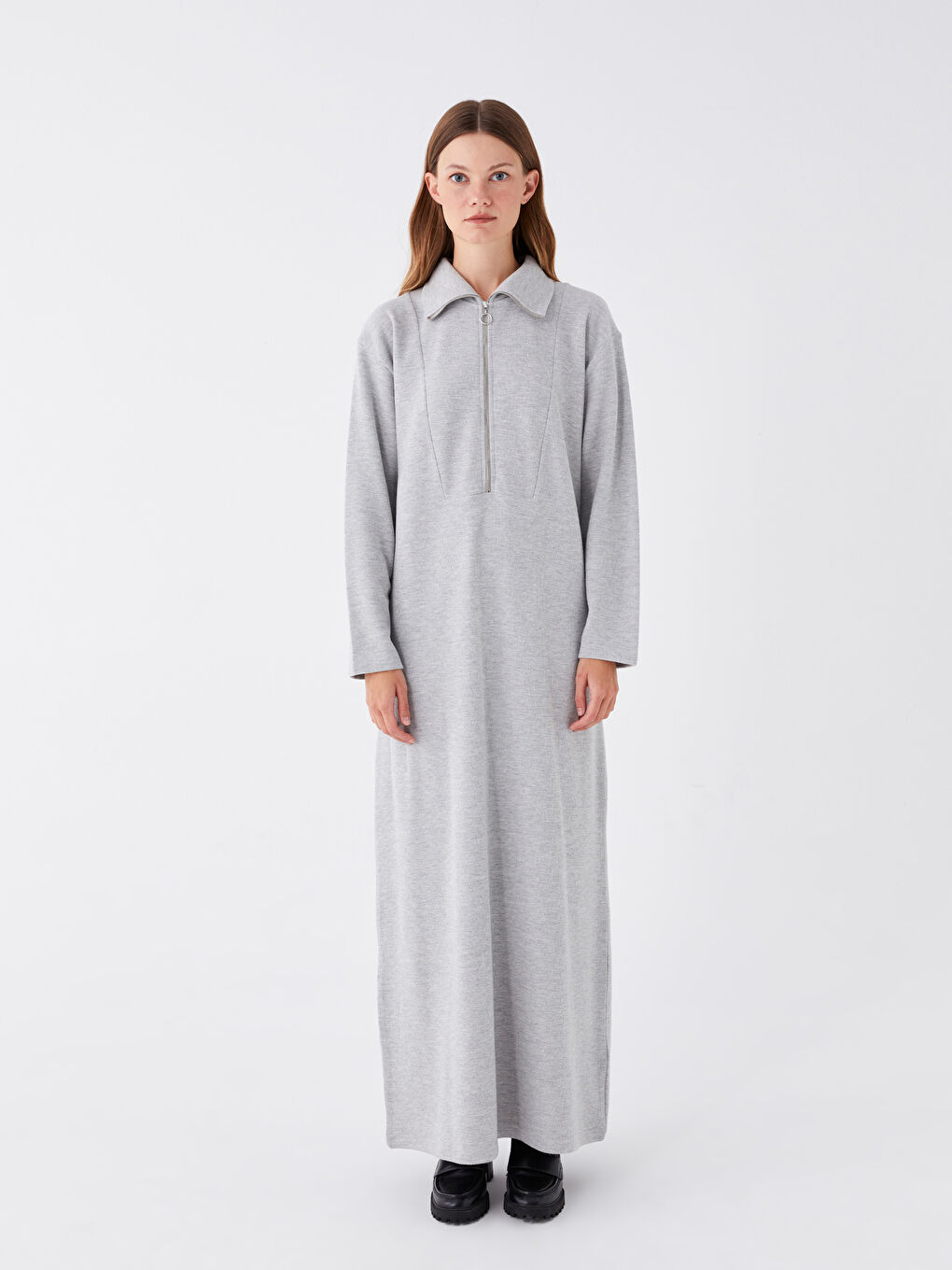 Gri Dik Yaka Düz Uzun Kollu Elbise-1