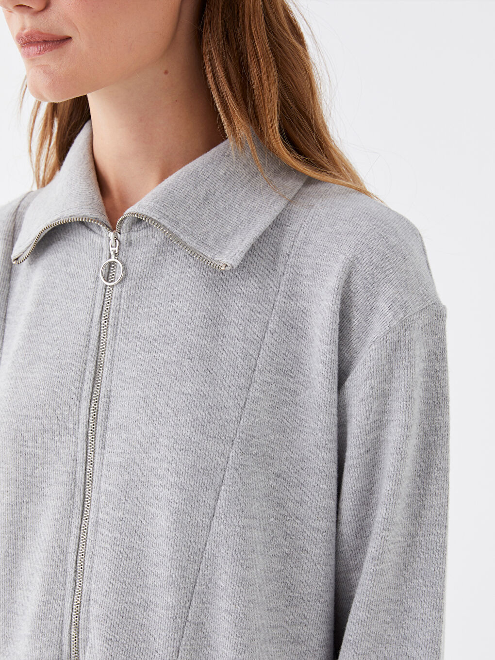 Gri Dik Yaka Düz Uzun Kollu Elbise-3