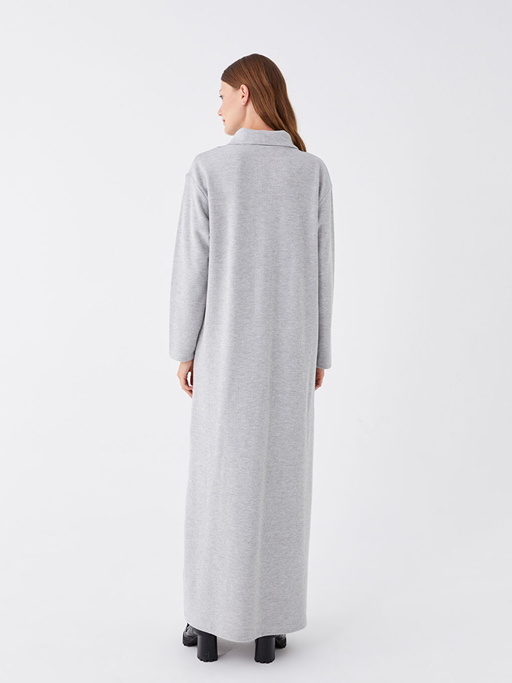 Gri Dik Yaka Düz Uzun Kollu Elbise-4