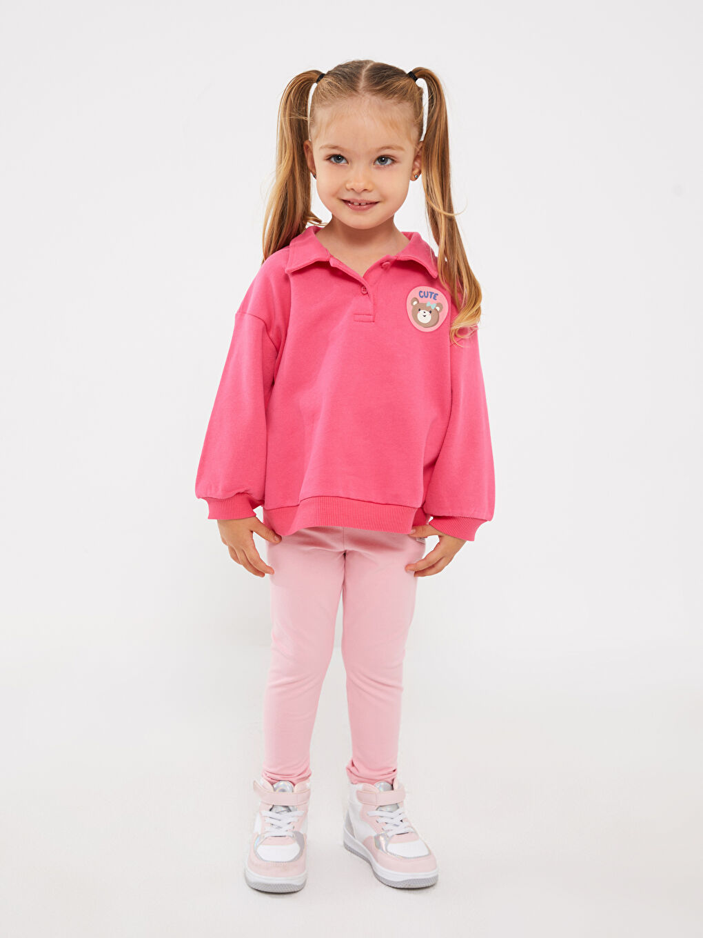 LCW baby Orta Pembe Polo Yaka Baskılı Kız Bebek Sweatshirt - 1