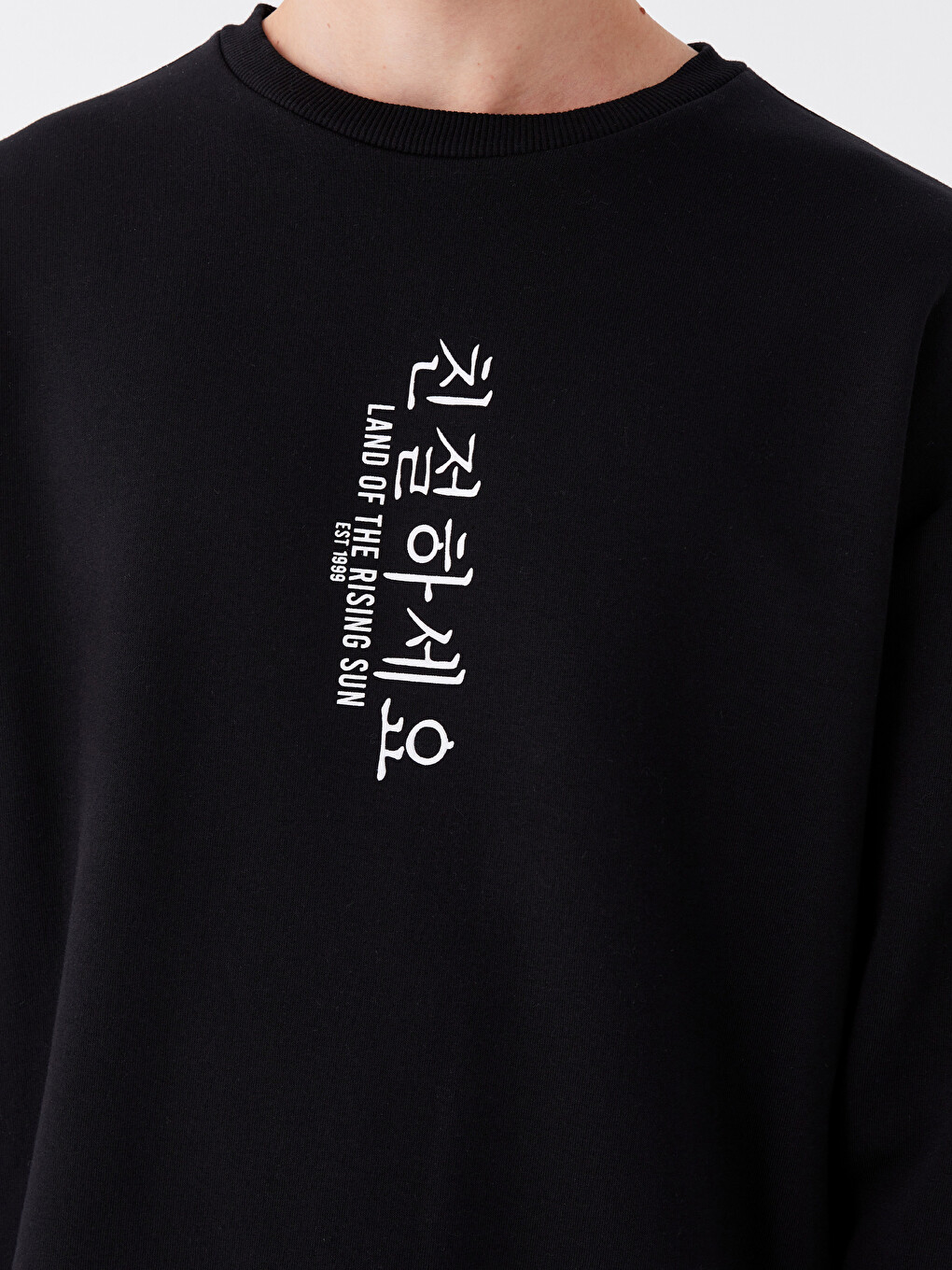 Siyah Bisiklet Yaka Baskılı Erkek Kalın Sweatshirt-2