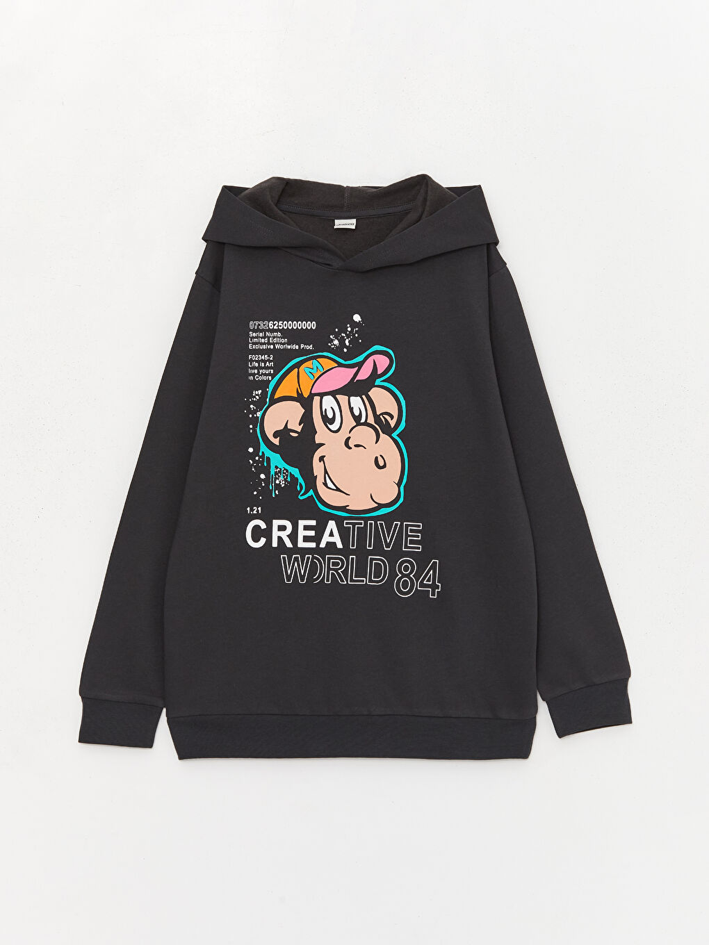 LCW Kids Antrasit Nostaljik Maymun Baskılı Uzun Kollu Erkek Çocuk Hoodie