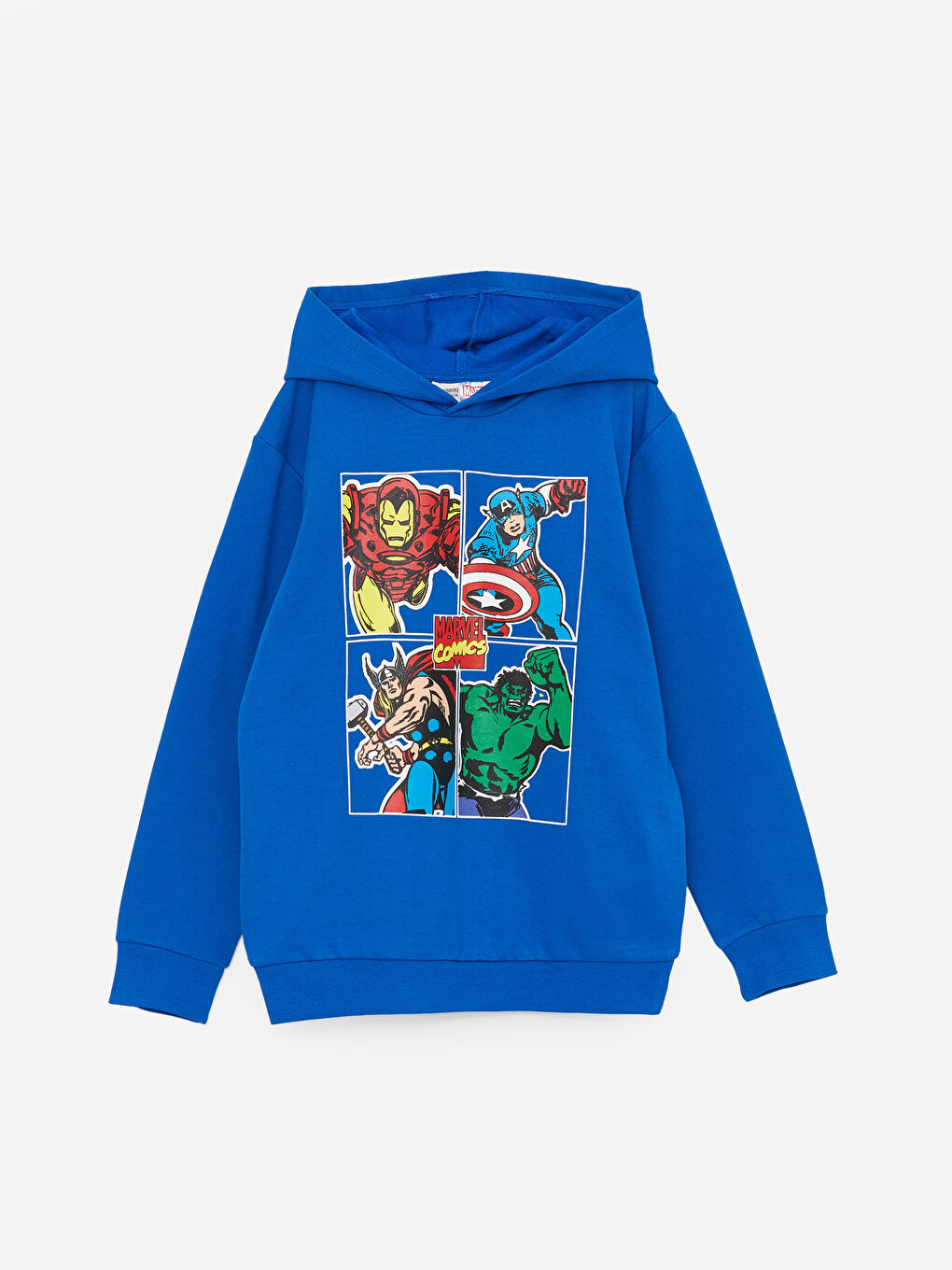 Mavi Marvel Baskılı Uzun Kollu Erkek Çocuk Hoodie