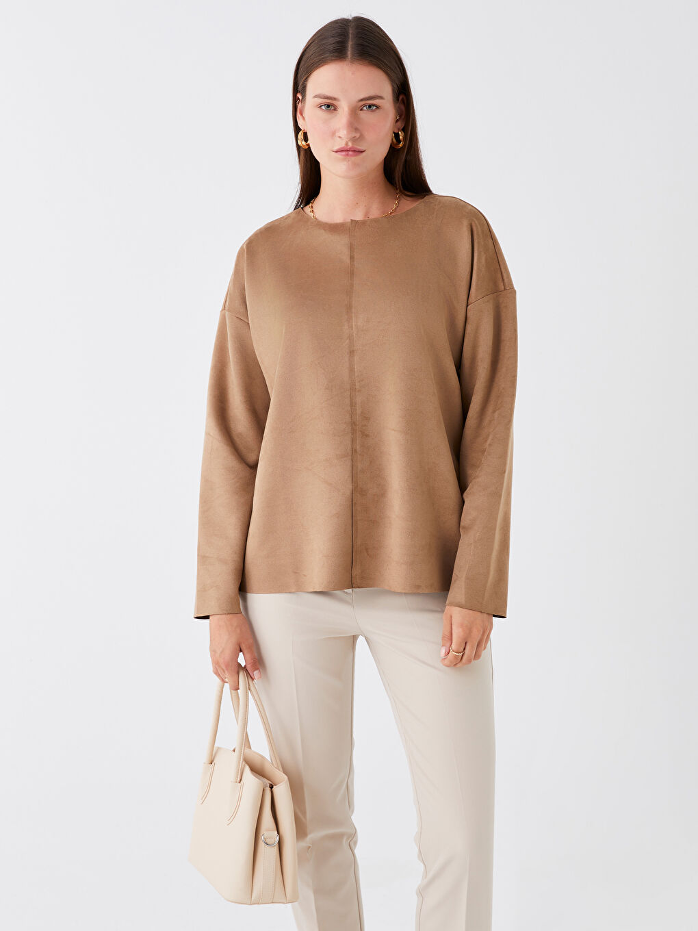 Crew Neck Plain Long Sleeve Women's Blouse-2