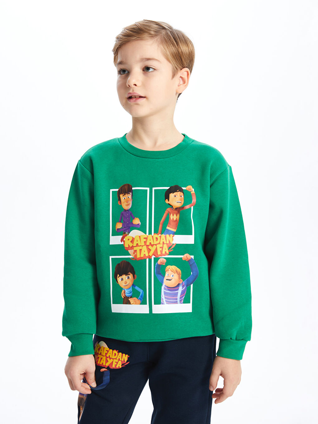 Yeşil Bisiklet Yaka Rafadan Tayfa Baskılı Uzun Kollu Erkek Çocuk Sweatshirt