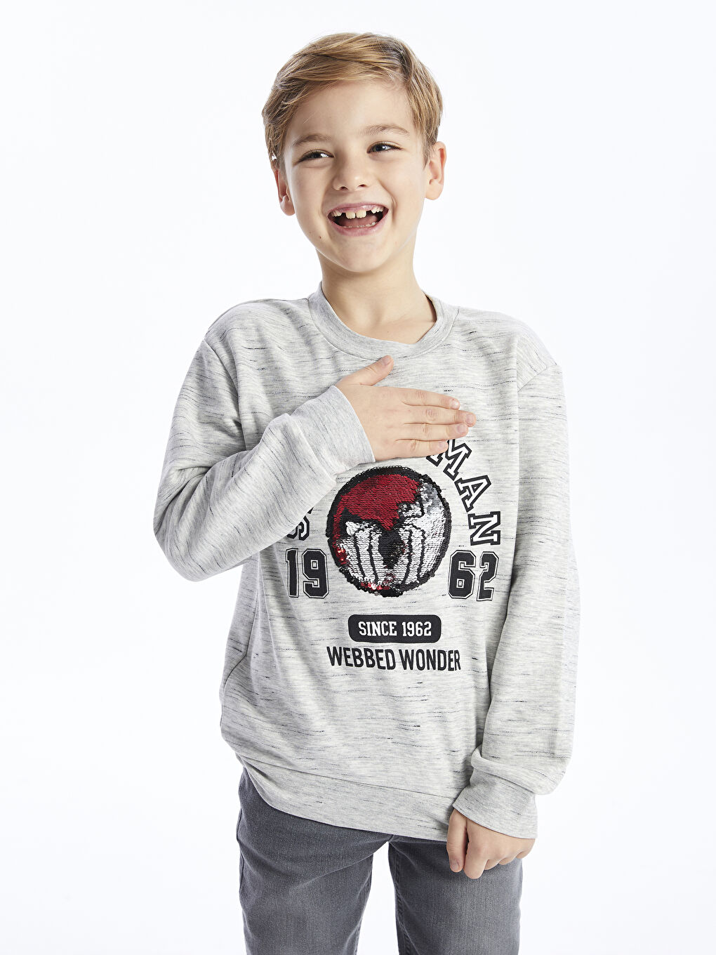 LCW Kids Açık Gri Melanj Bisiklet Yaka Spiderman Baskılı Çift Yönlü Payetli Uzun Kollu Erkek Çocuk Sweatshirt - 2