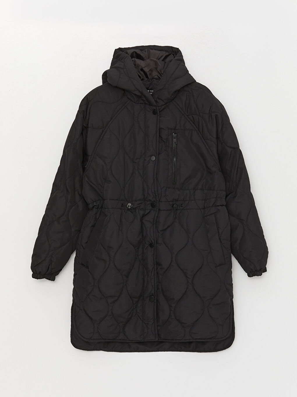 Siyah Kapüşonlu Kendinden Desenli Uzun Kollu Oversize Kadın Şişme Mont-7