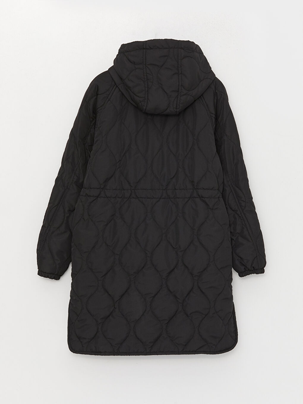 Siyah Kapüşonlu Kendinden Desenli Uzun Kollu Oversize Kadın Şişme Mont-8