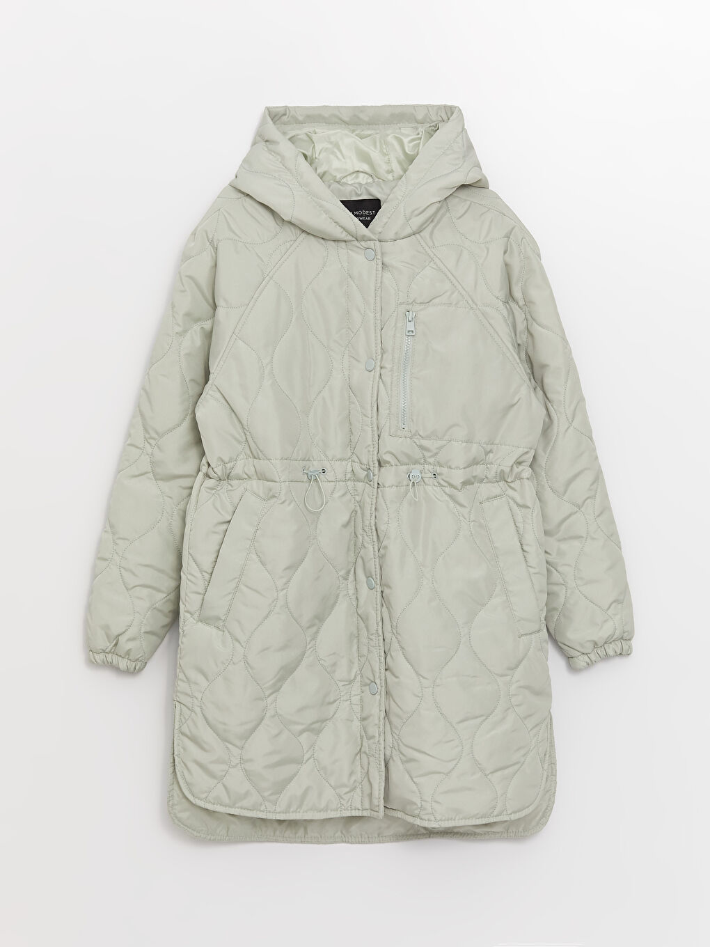 Yeşil Kapüşonlu Kendinden Desenli Uzun Kollu Oversize Kadın Şişme Mont-6