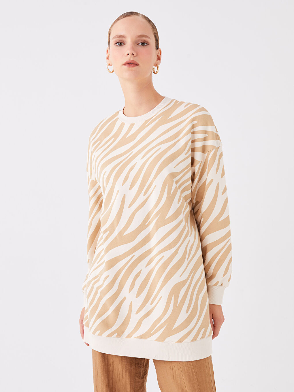 Crew Neck Patterned Long Sleeve Women's Sweatshirt Tunic-1