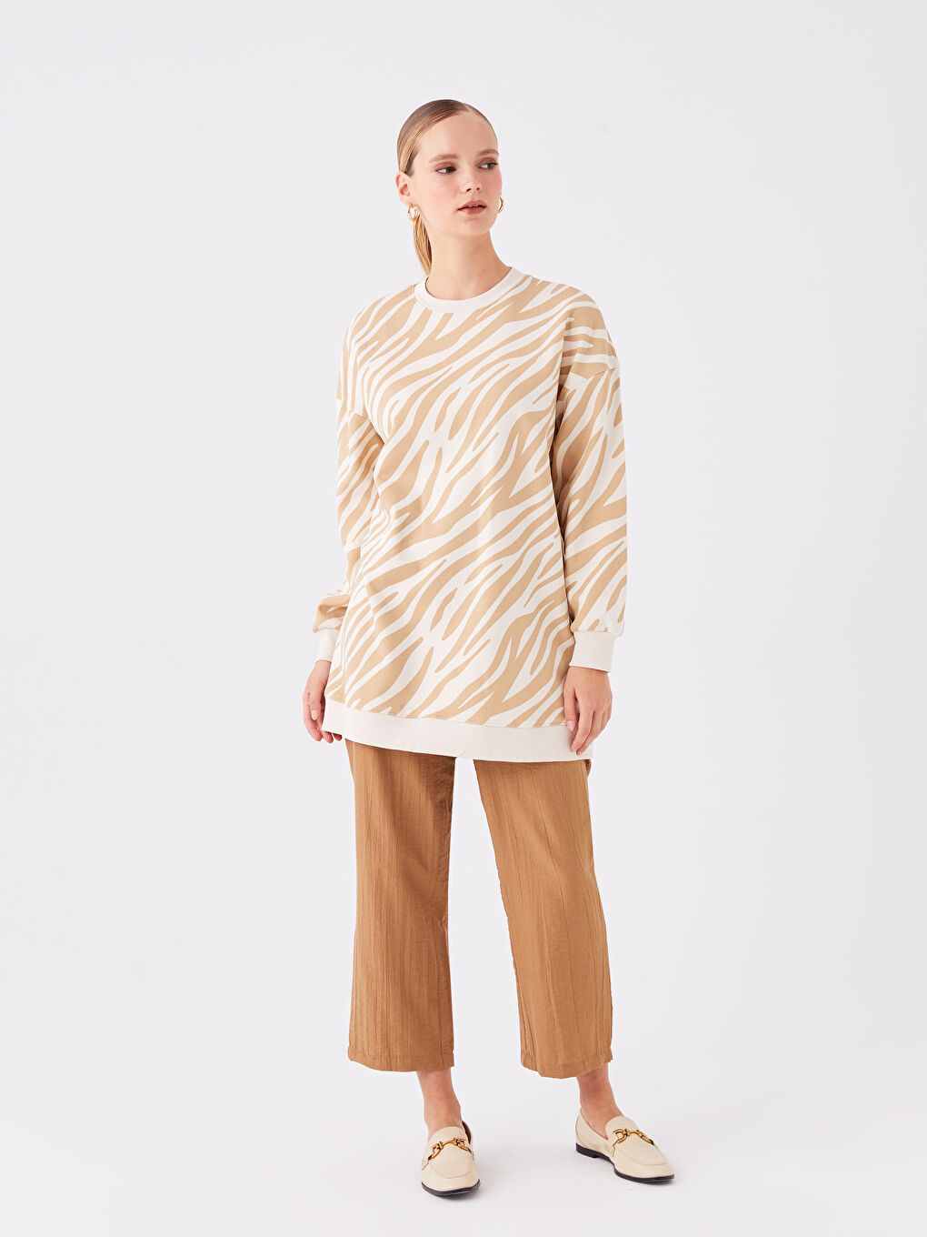 Crew Neck Patterned Long Sleeve Women's Sweatshirt Tunic-2