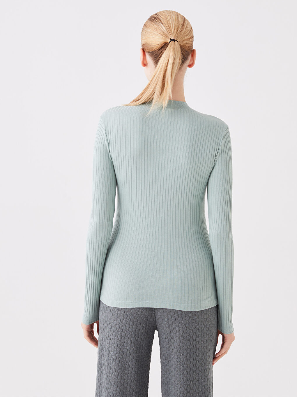 Yeşil Yarım Balıkçı Yaka Kendinden Desenli Uzun Kollu Tunik-4