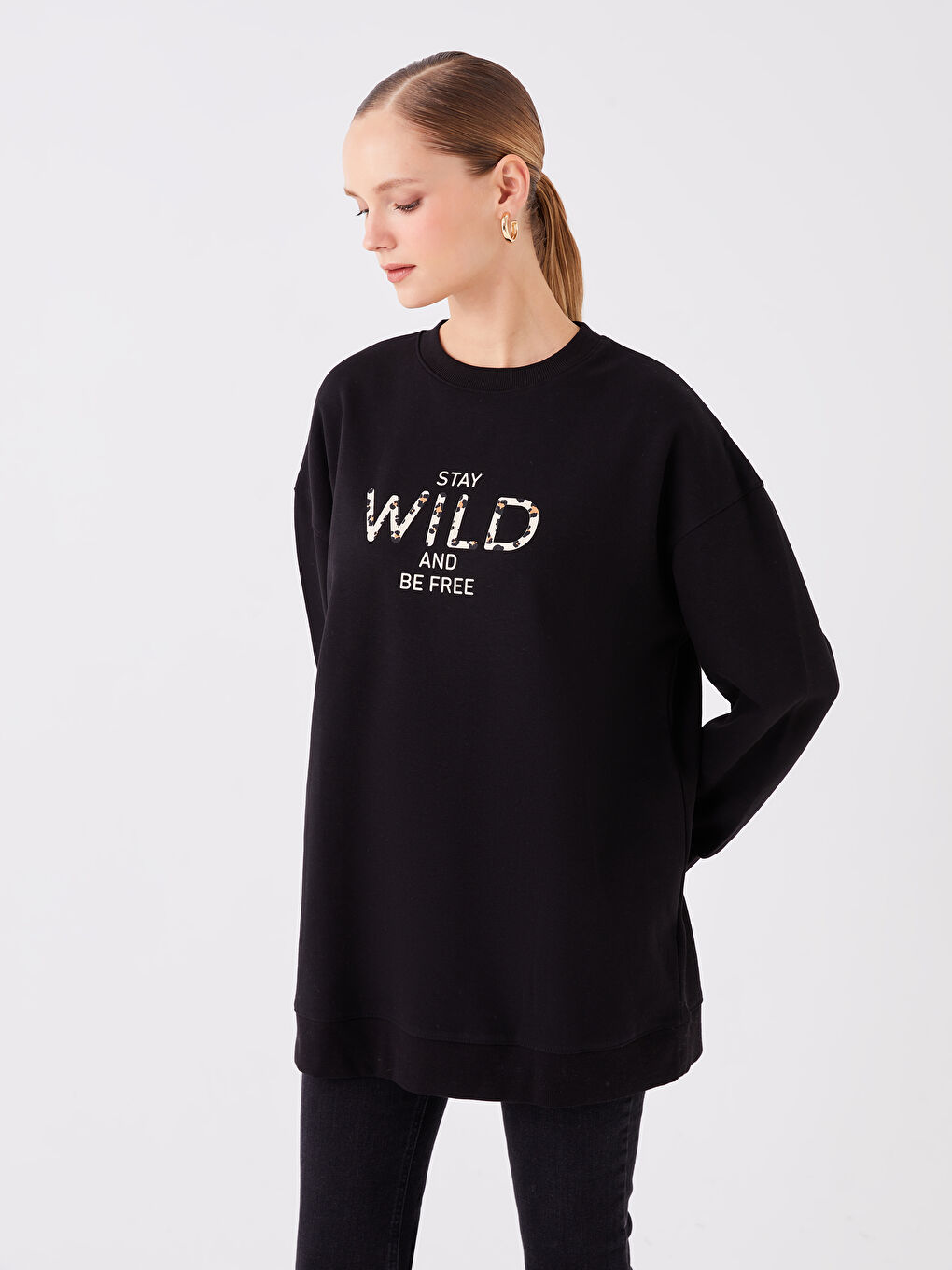 تونیکی سویتشێرتی قۆڵ درێژی چاپکراوی یه‌خه‌ خڕ ئۆڤەرسایز بۆ ژنان-3