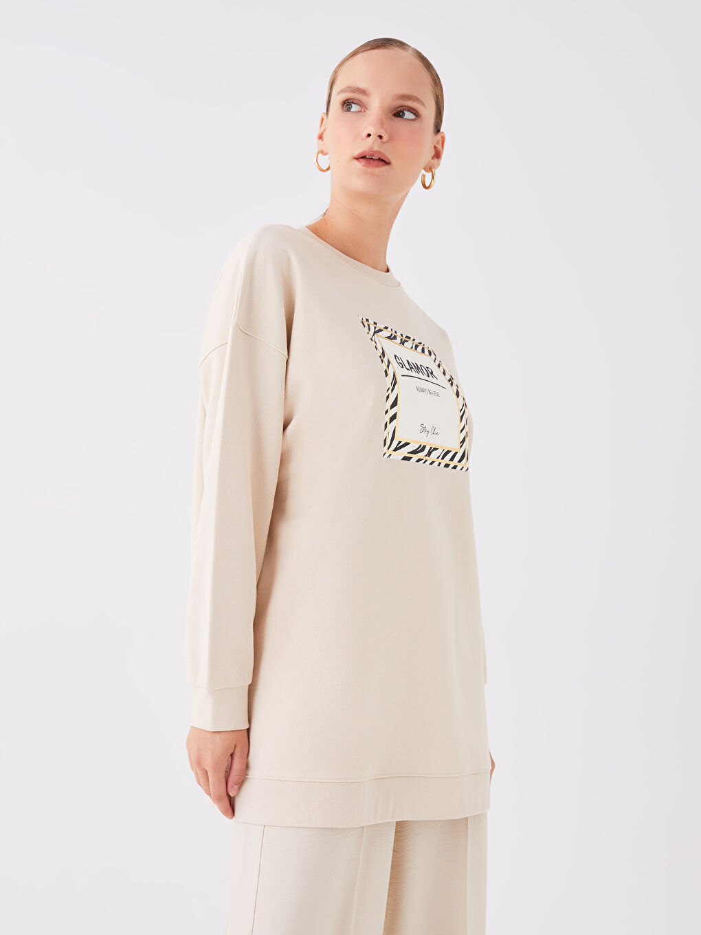 Hanorac Tunică Supradimensionată cu Mânecă Lungă și Guler Rotund Imprimat pentru Femei-1