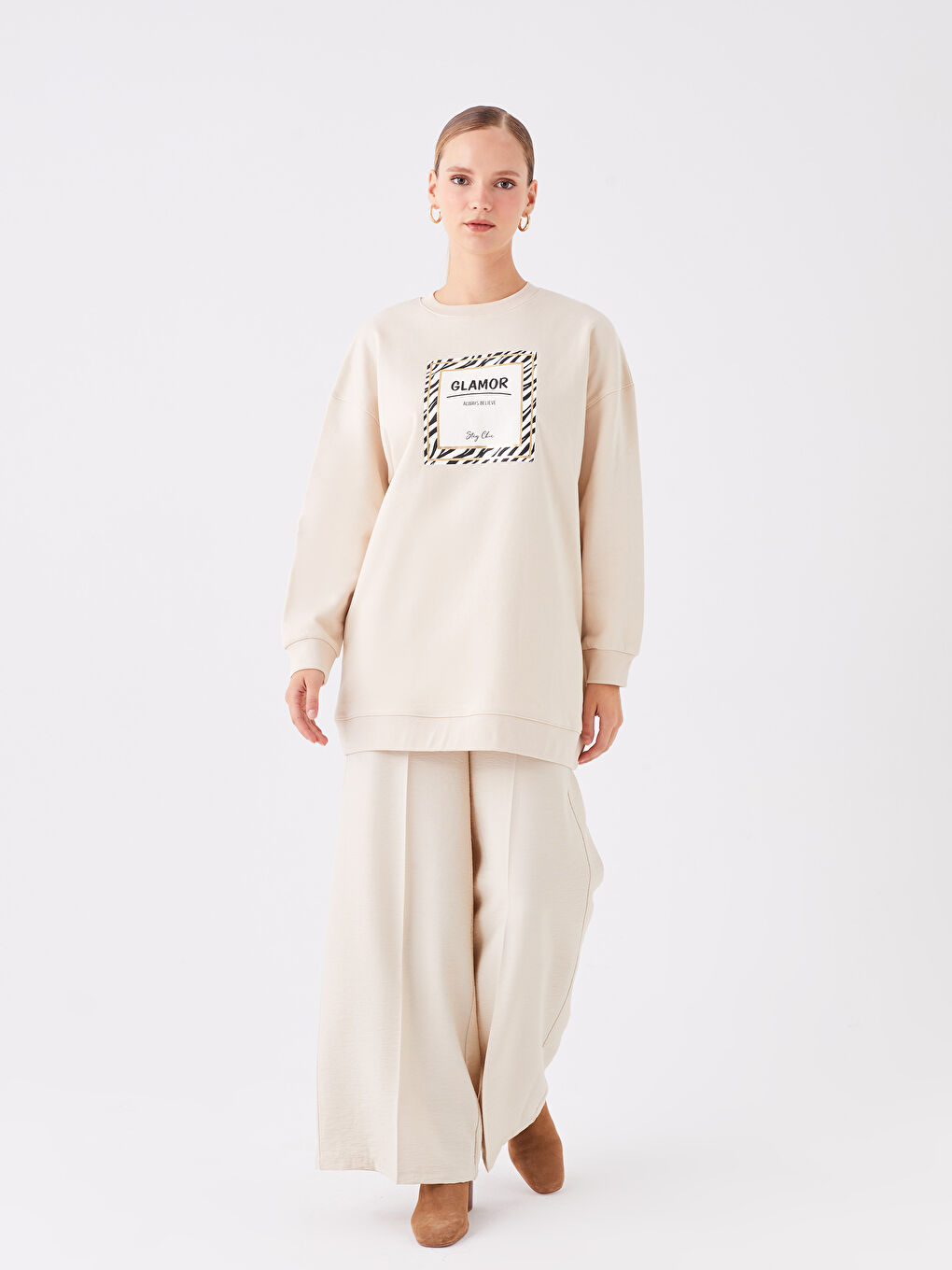 Hanorac Tunică Supradimensionată cu Mânecă Lungă și Guler Rotund Imprimat pentru Femei-2