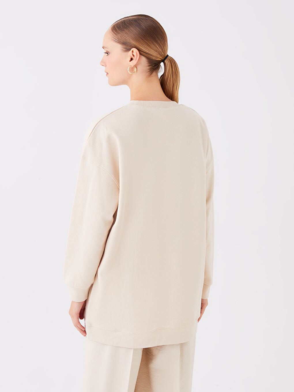 Hanorac Tunică Supradimensionată cu Mânecă Lungă și Guler Rotund Imprimat pentru Femei-4