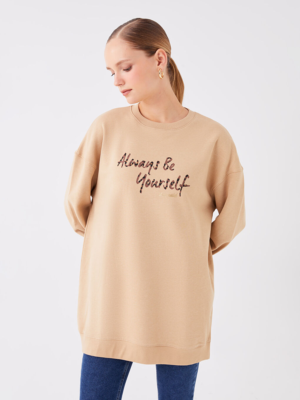 Crew Neck Printed Long Sleeve Oversize Women's Sweatshirt Tunic -W3DV60Z8-VH4