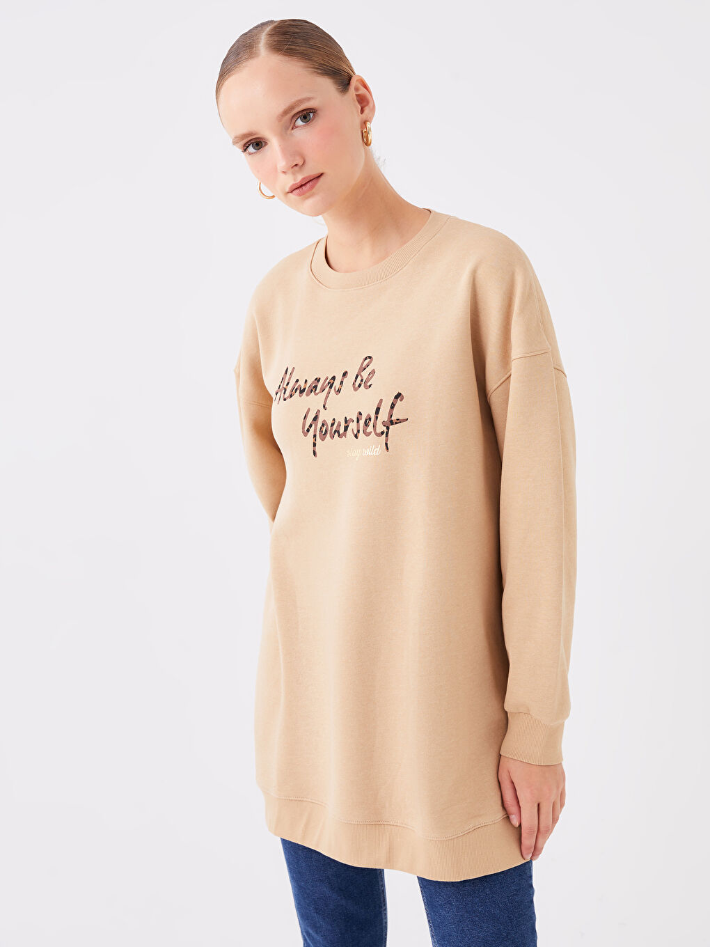 Crew Neck Printed Long Sleeve Oversize Women's Sweatshirt Tunic -W3DV60Z8-VH4