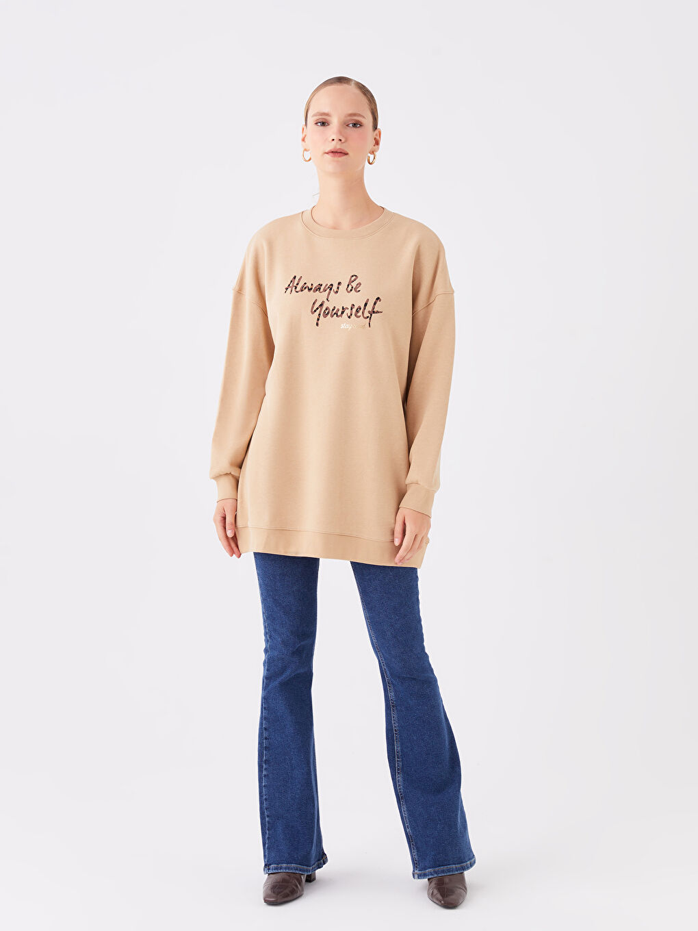 Crew Neck Printed Long Sleeve Oversize Women's Sweatshirt Tunic -W3DV60Z8-VH4