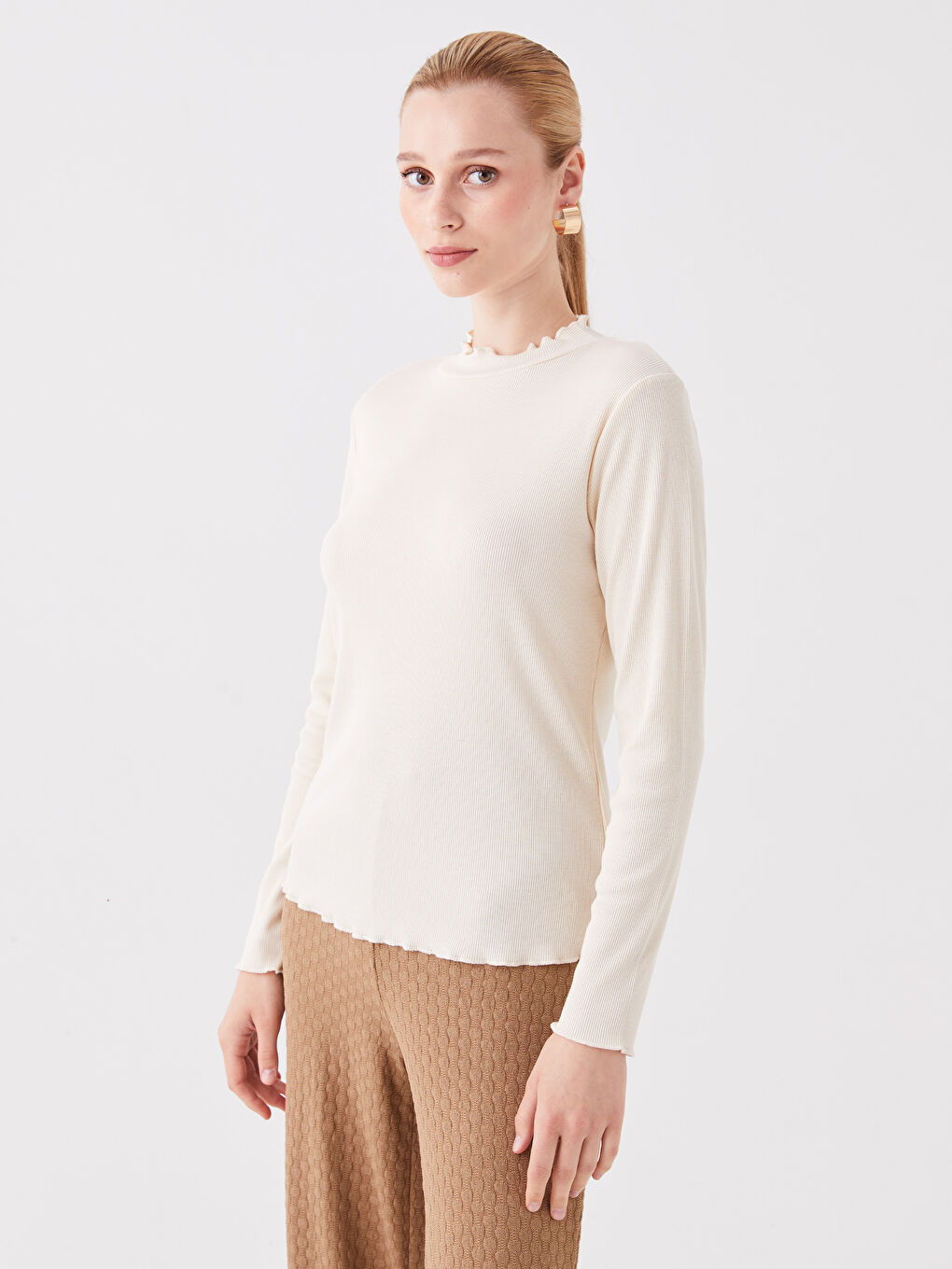 ძაბრისებრი საყელო, უბრალო, გრძელმკლავიანი მაისური ქალებისთვის-1