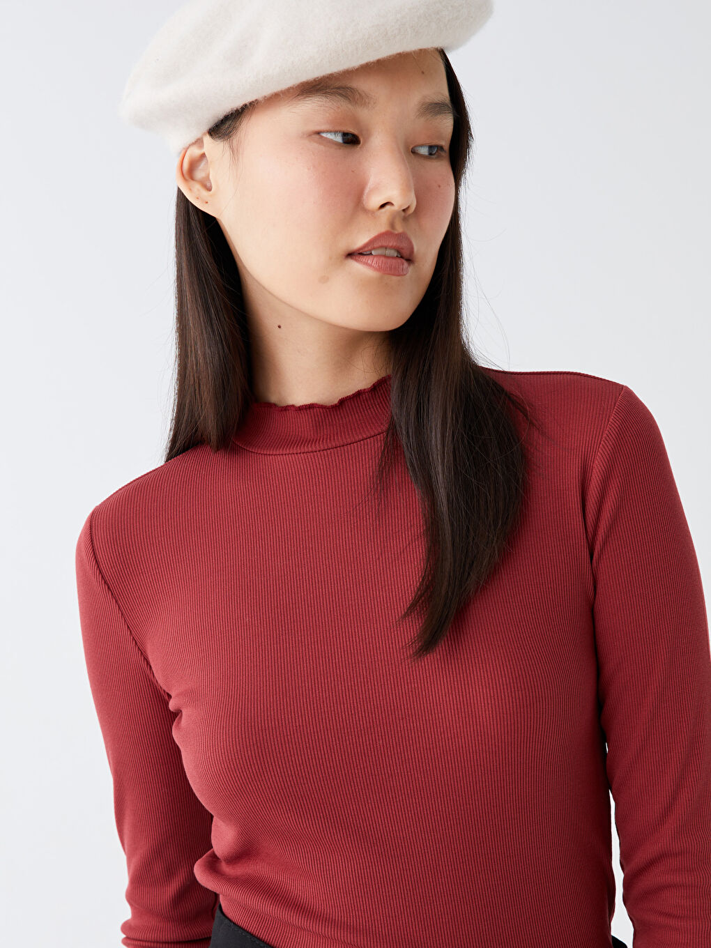 Kırmızı Dik Yaka Düz Uzun Kollu Kadın Tişört-1