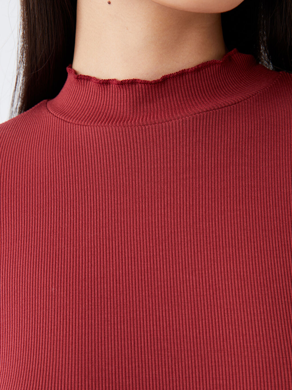 Kırmızı Dik Yaka Düz Uzun Kollu Kadın Tişört-3