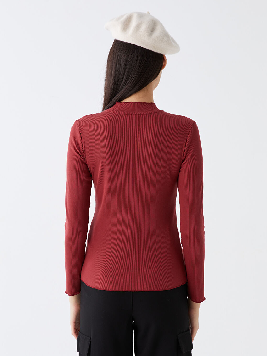 Kırmızı Dik Yaka Düz Uzun Kollu Kadın Tişört-4