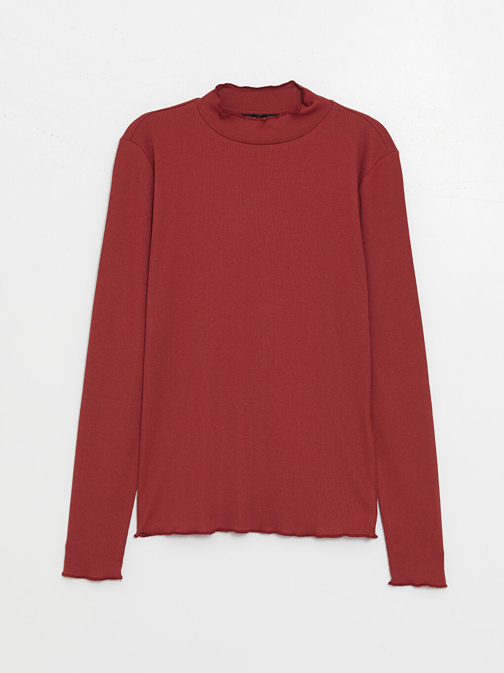 Kırmızı Dik Yaka Düz Uzun Kollu Kadın Tişört-5