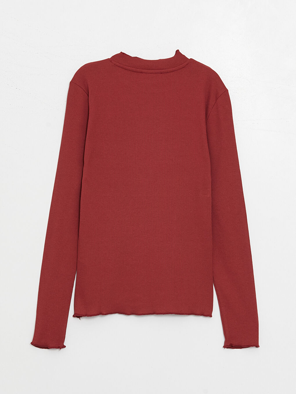 Kırmızı Dik Yaka Düz Uzun Kollu Kadın Tişört-6