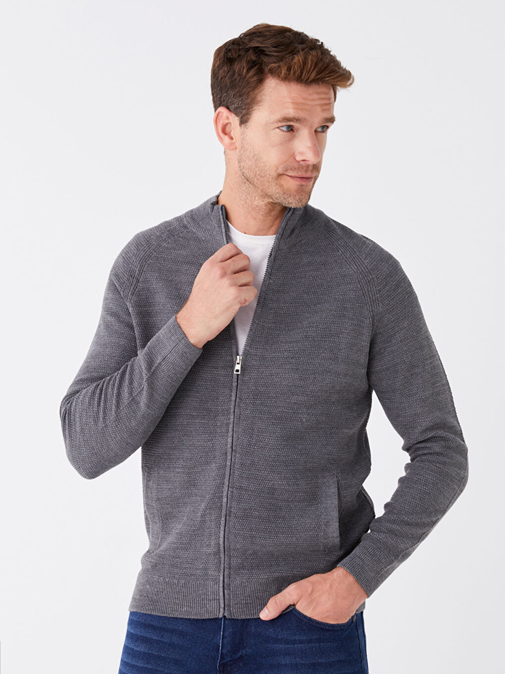 Gri Standart Kalıp Dik Yaka Erkek Triko Hırka