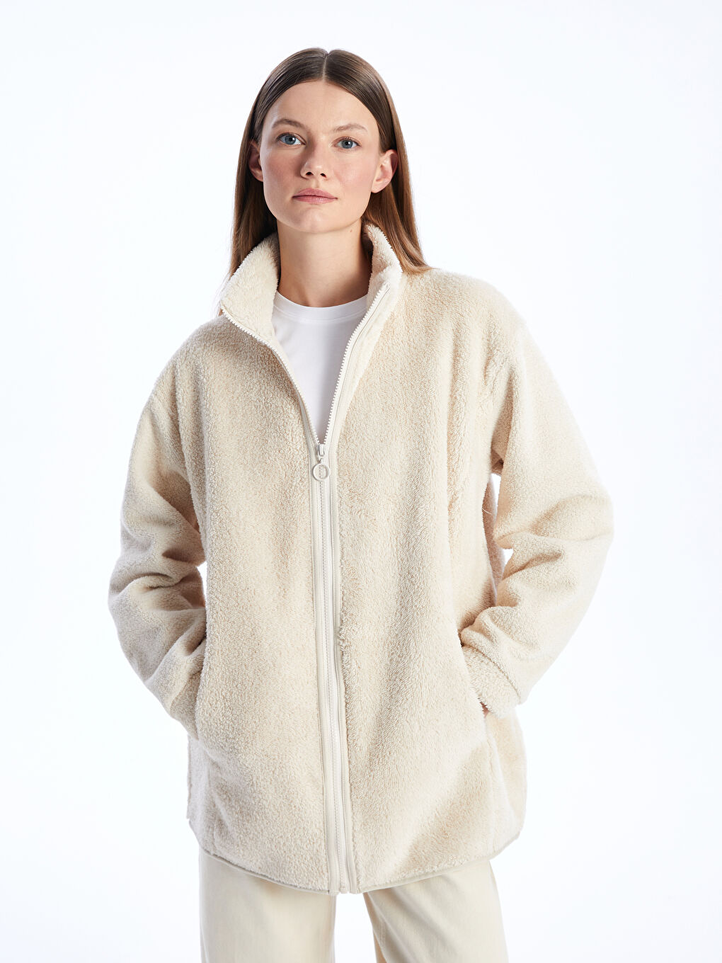 Bej Dik Yaka Düz Uzun Kollu Oversize Kadın Fermuarlı Sweatshirt