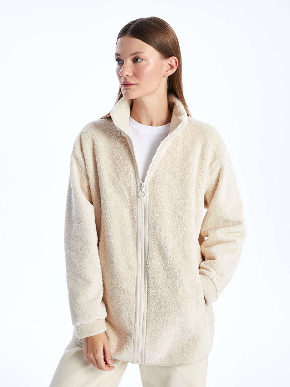 Bej Dik Yaka Düz Uzun Kollu Oversize Kadın Fermuarlı Sweatshirt-1