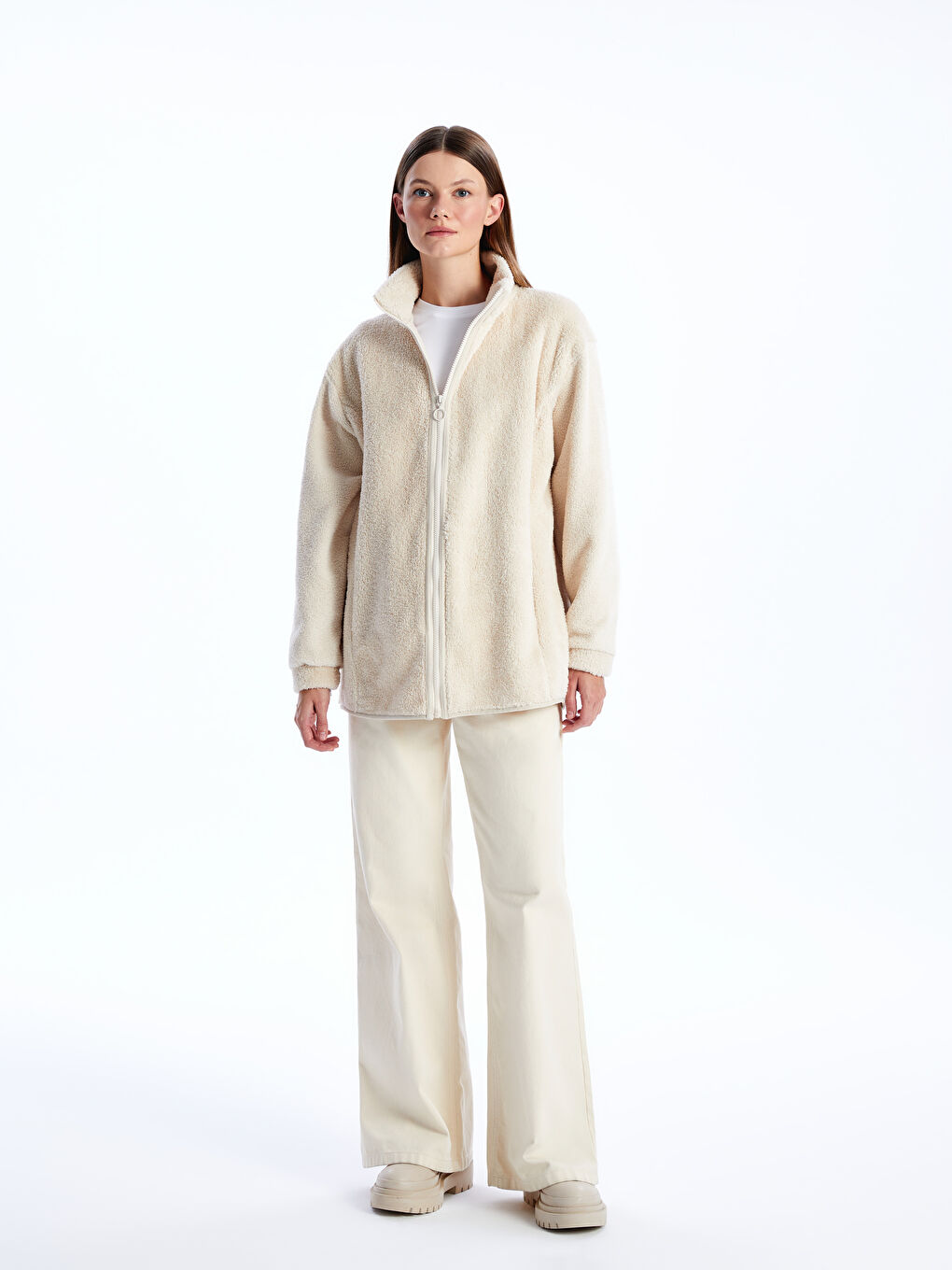 Bej Dik Yaka Düz Uzun Kollu Oversize Kadın Fermuarlı Sweatshirt-2