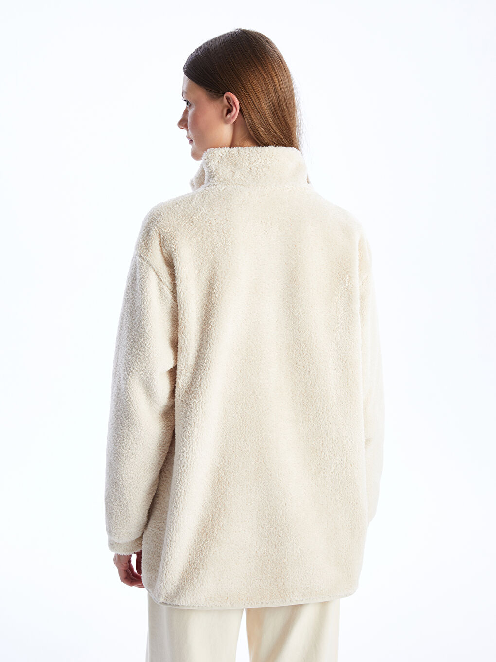 Bej Dik Yaka Düz Uzun Kollu Oversize Kadın Fermuarlı Sweatshirt-4