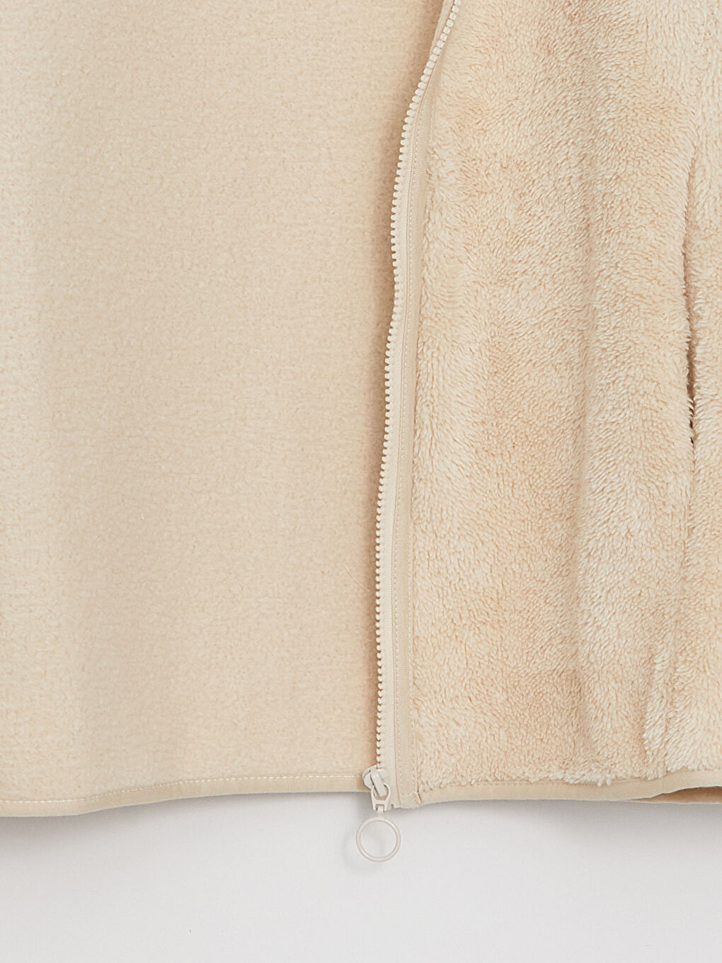 Bej Dik Yaka Düz Uzun Kollu Oversize Kadın Fermuarlı Sweatshirt-6