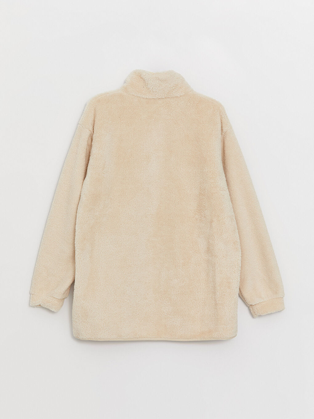 Bej Dik Yaka Düz Uzun Kollu Oversize Kadın Fermuarlı Sweatshirt-7