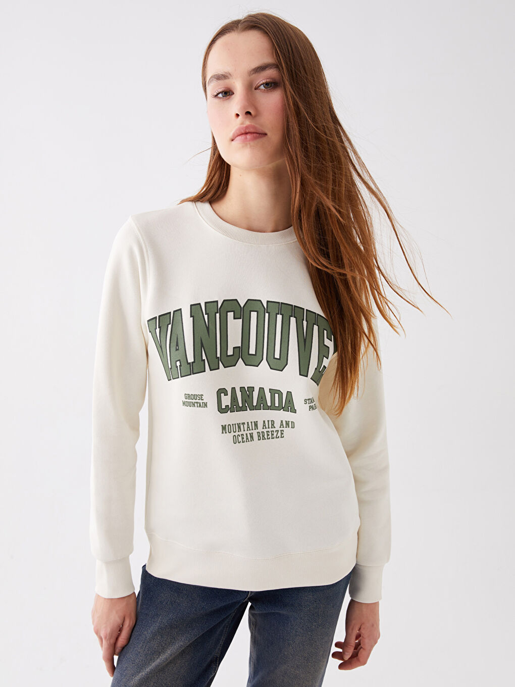 Bej Bisiklet Yaka Baskılı Kadın Kalın Sweatshirt