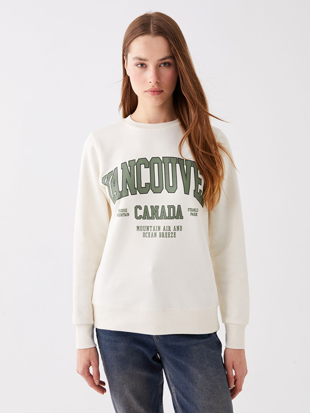 Bej Bisiklet Yaka Baskılı Kadın Kalın Sweatshirt-1