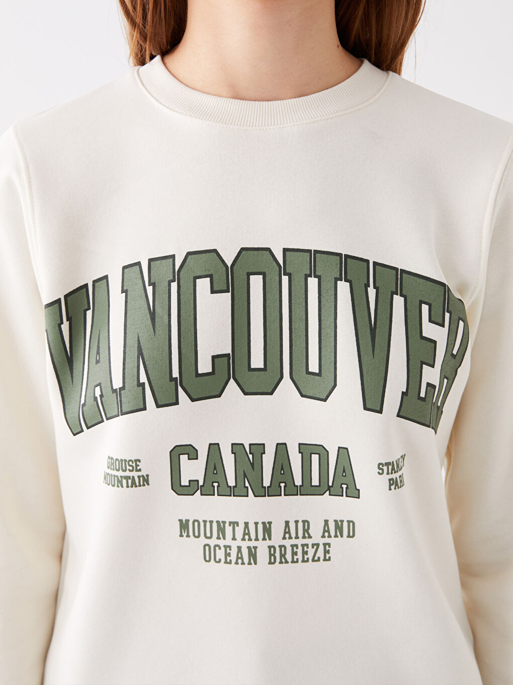 Bej Bisiklet Yaka Baskılı Kadın Kalın Sweatshirt-3